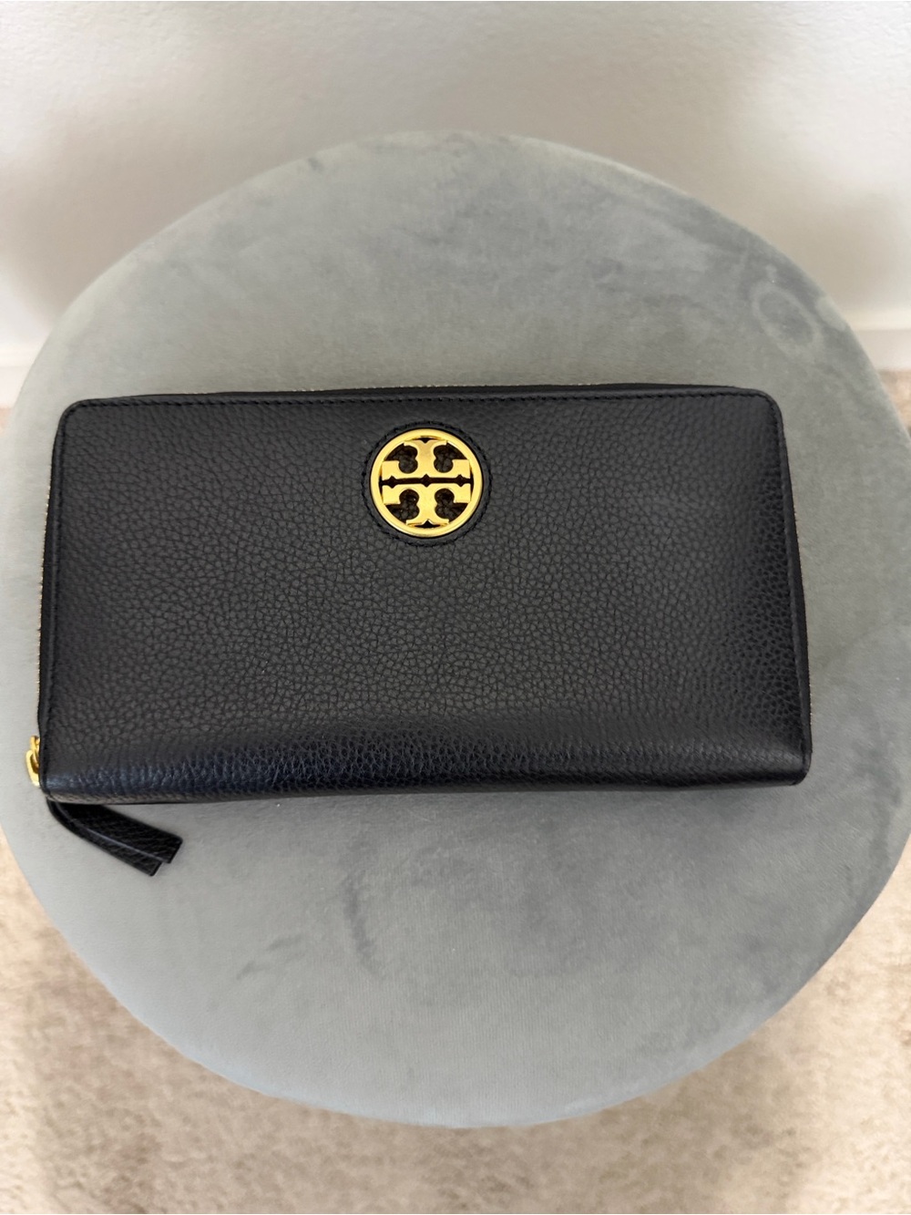 Tory Burch Black Pebbled Leather Zip Wallet with Gold Logo